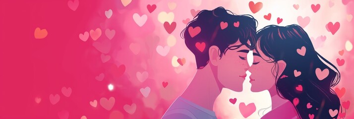 An illustration of a couple silhouetted against a pink background with heart bokeh symbolizing love, romance, and Valentine's Day celebration