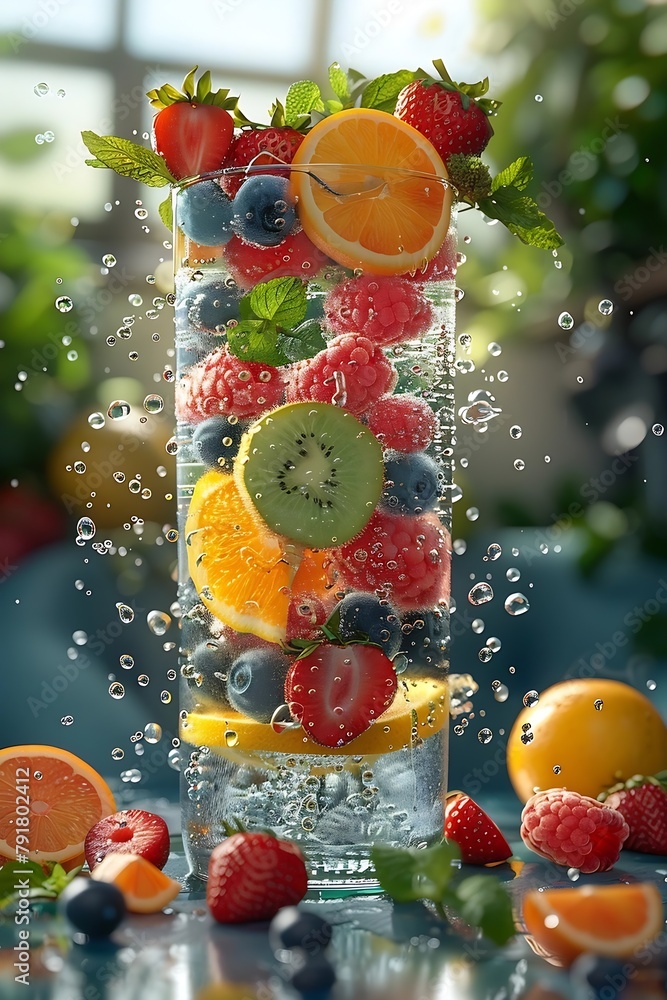 Aufkleber generative ai : spring or summer refreshing cold cocktail or mocktail with berries and lemon, raspbe