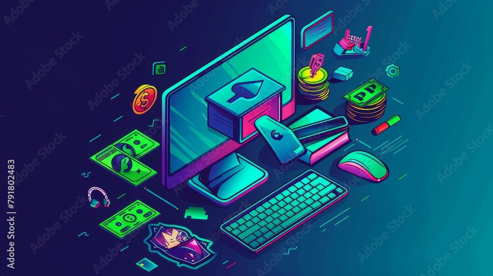 Aufkleber pay per click isometric landing page. computer desktop with cursor clicking on ad button. sponsored 