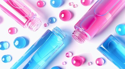3D nail polish bottles mockup banner, falling glass tubes of blue and pink colors spill out and mix on white background. Promote cosmetics and make-up products.