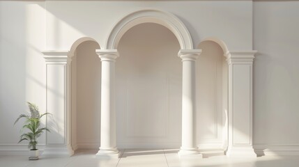 Realistic modern of columns in wall, interior gates with pillars in palace corridor, portal entrance, antique doorway with shadow inside, 3D illustration.