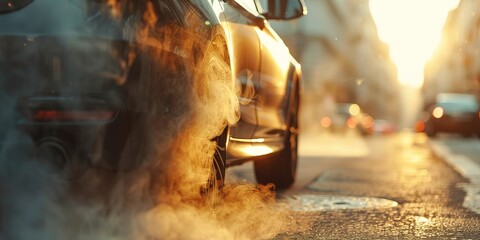 Car exhaust fumes blending into city lights at sunset.