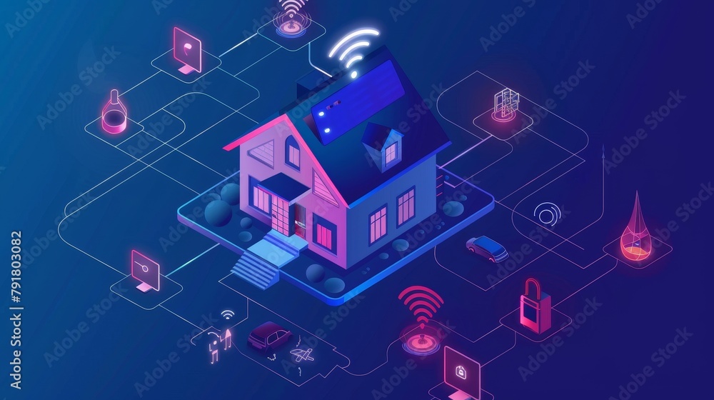 Poster home automation, internet of things in isometric web banner. display with technology and equipment f