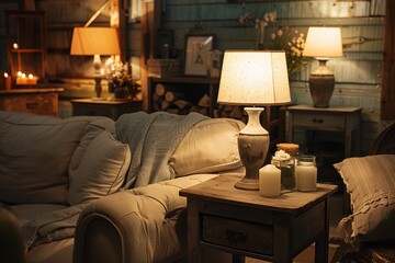 A cozy room with warm lighting from a table lamp by a comfortable couch.