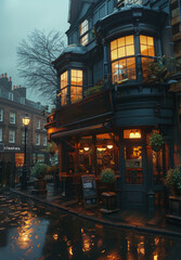 Coffee shop and restaurant at night in London UK