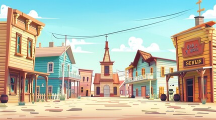 Fototapeta na wymiar An old western town with wooden buildings to use for game guis. This modern cartoon illustration depicts an old western city street with a catholic church, saloon, sheriff's office, bank, hotel,