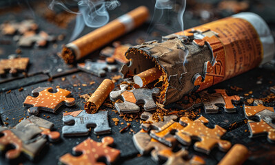 Cigarette butts and broken puzzle pieces on dark background