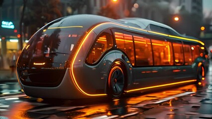 A futuristic bus travels along a city street at night, illuminated by streetlights and neon signs.