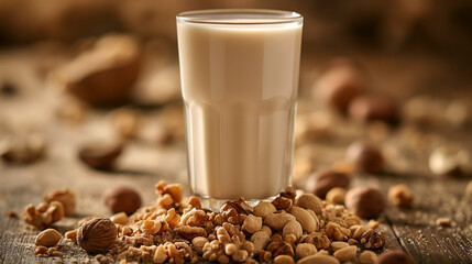 glass of milk sitting on top of a large hill of nuts, pure white background, photo realistic, advertising photography, side view, shot from bottom to top.