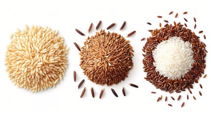 An image of rice sushi, brown and wild grain piles on a white background, with vegetarian organic raw foods and various cereals for healthy eating, a realistic 3d modern icon.