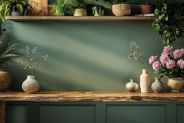 A serene composition of various ceramic vases and greenery on a wooden shelf against a calming teal backdrop, adding a touch of elegance to any decor