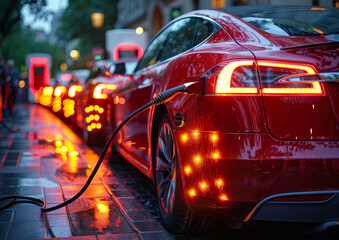 Electric cars charging on the street