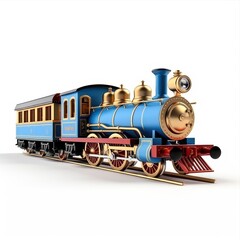 A blue and gold toy train on tracks, rolling on a white background - 791803832