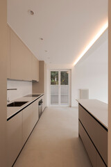 Interior of a new empty modern kitchen in brown beige. Empty flat. - 791804075