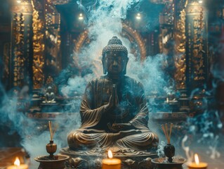 Buddha Statue Surrounded by Incense Smoke