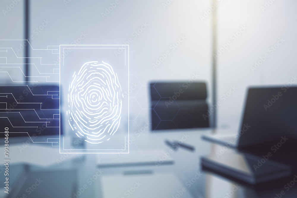 Aufkleber Multi exposure of abstract fingerprint scan interface and modern desk with computer on background, digital access concept