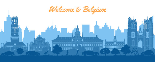 Belgium famous landmarks in situation of downtown by silhouette style,vector illustration