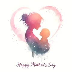 Watercolor iillustration for mother's day with a stylized silhouette of mother and child.