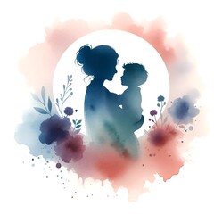 Watercolor illustration for a mother's day with a stylized silhouette of mother an child.
