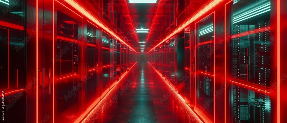 Poster an image of the corridor in a working data center containing rack servers and supercomputers.