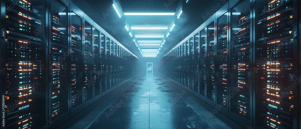 Aufkleber an image from a working data center showing rows of rack servers.