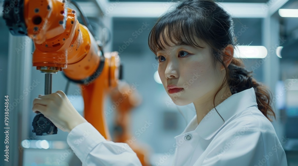 Poster a female robot engineer innovating and designing cutting edge machines and systems in a high tech la
