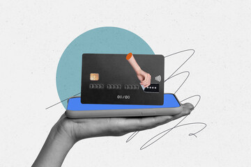 Composite photo collage of hand hold iphone credit card contactless payment nfc online money shopping isolated on painted background