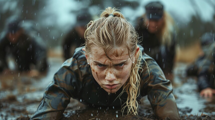 Woman performing a mud crawl during a tough military training exercise.
