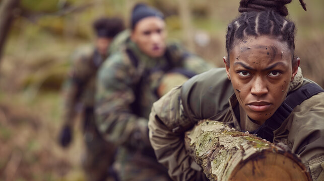 Navy SEAL military personnel carrying a log on the beach.