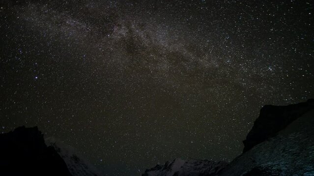 Backgrounds night sky with rotate stars and milky way at langtang route track himalayan moutains from nepal.