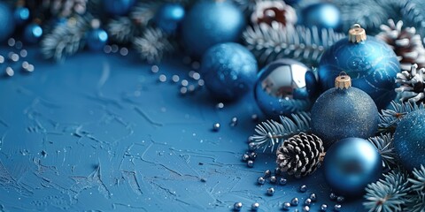 Christmas background with blue balls. Xmas holiday background for greeting. a minimalist Christmas background with copy space