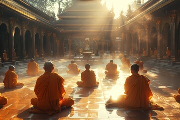 Monks in Morning Meditation - obrazy, fototapety, plakaty