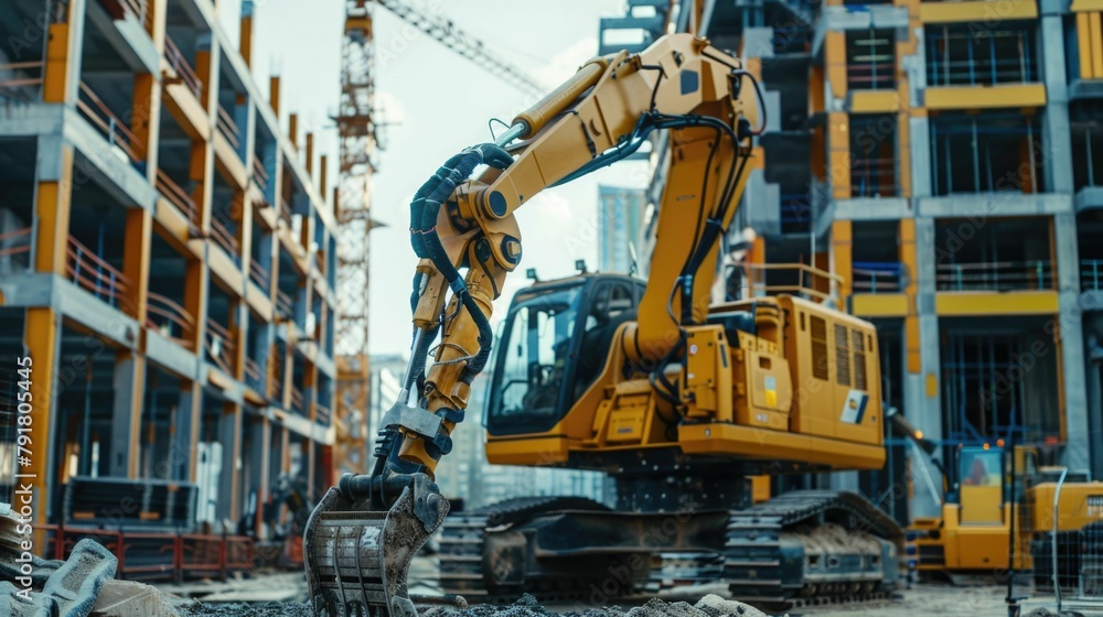 Poster robot construction worker operates large machinery on building site amid ongoing development and inf