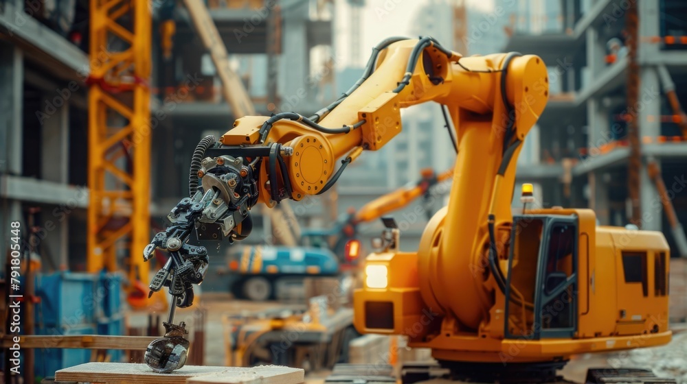 Poster robotic construction worker operating large machinery on building site
