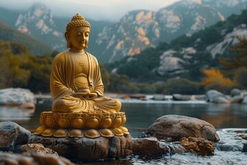 Golden Buddha with Mountain Backdrop