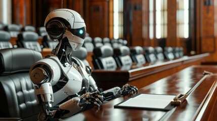 Powered Robot Lawyer Presenting Arguments in Futuristic Courtroom Setting