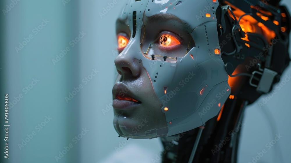 Aufkleber expressive digital robot actor rehearsing lines for futuristic play performance