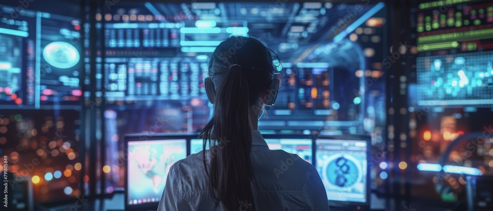 Aufkleber a female engineer controller watches as the system works. people are working in the background and m