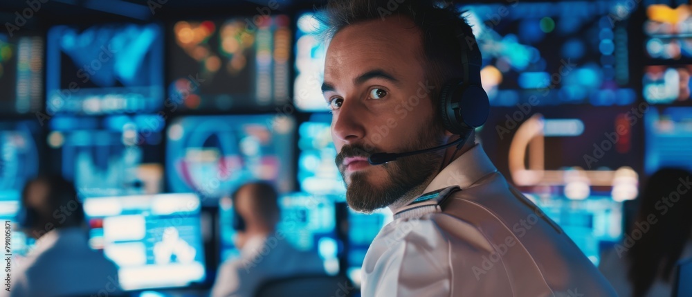 Aufkleber during a technical support session in a system control center, a technician speaks into a headset. h