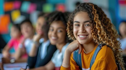 Fototapeta premium Diverse and Inclusive Classroom Setting with Smiling Students of Various Backgrounds Engaged in Learning Together
