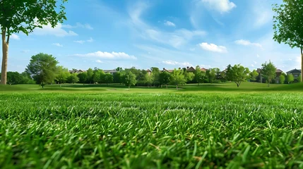 Foto op Plexiglas Generative AI : A green manicured lawn under a blue sky © The Little Hut