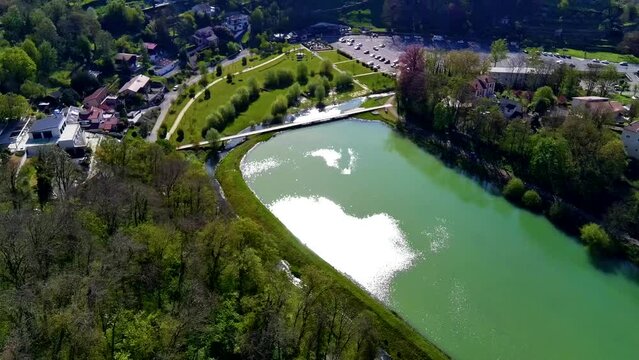Drone flying over Val de Briey, aerial view of the Sangsue lake, Meurthe-et-Moselle