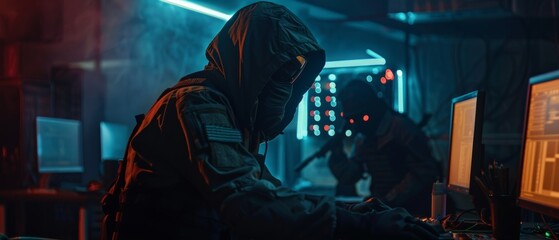 The Special Cybersecurity Forces arrested a highly dangerous hooded hacker from a dark, computer-filled hideout. - obrazy, fototapety, plakaty