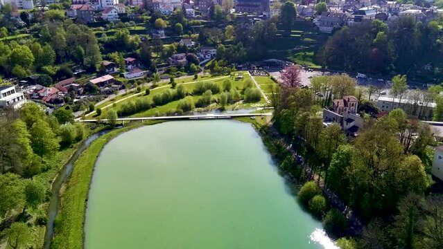 Drone flying over Val de Briey, aerial view of the Sangsue lake, Meurthe-et-Moselle