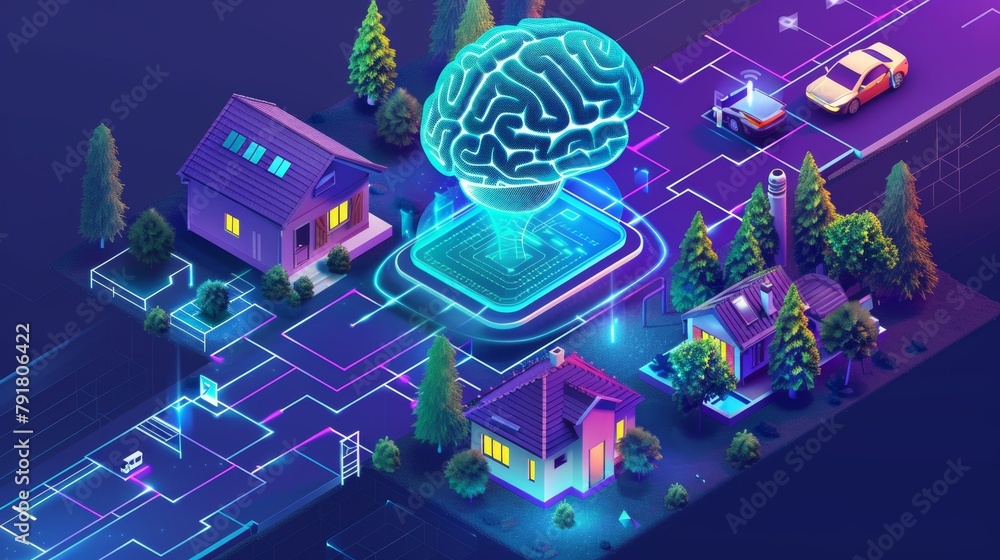 Poster banner illustrating artificial intelligence in life. modern illustration showing network and circuit