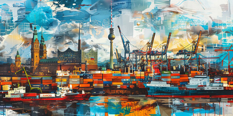 Artistic collage showcasing the diverse sights of Hamburg, Germany, with a colorful mix of architecture, ships, and port activity