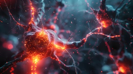 Vibrant Neural Network Firing:Intricate 3D Rendering of Biological Brain Activity - obrazy, fototapety, plakaty