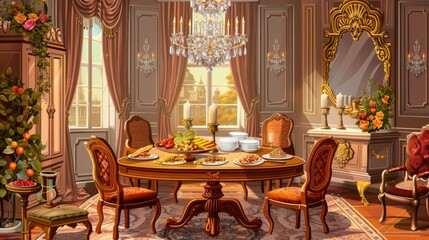 Dining room furniture in old royal baroque style with carved chairs, crystal chandelier, chairs, food, utensils and candles.