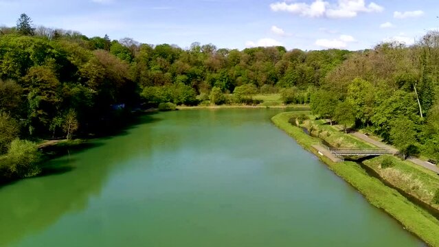 Drone flying over Val de Briey, aerial view of the Sangsue lake, Meurthe-et-Moselle