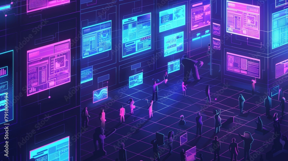 Poster hiris isometric landing page. it and hr technologies, people at multiple screens with software for e